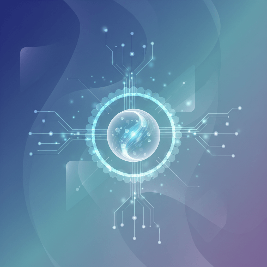 Abstract depiction of a glowing central orb protected by a translucent halo, with delicate circuit lines radiating outward to suggest safe, connected AI intelligence and modular architecture.