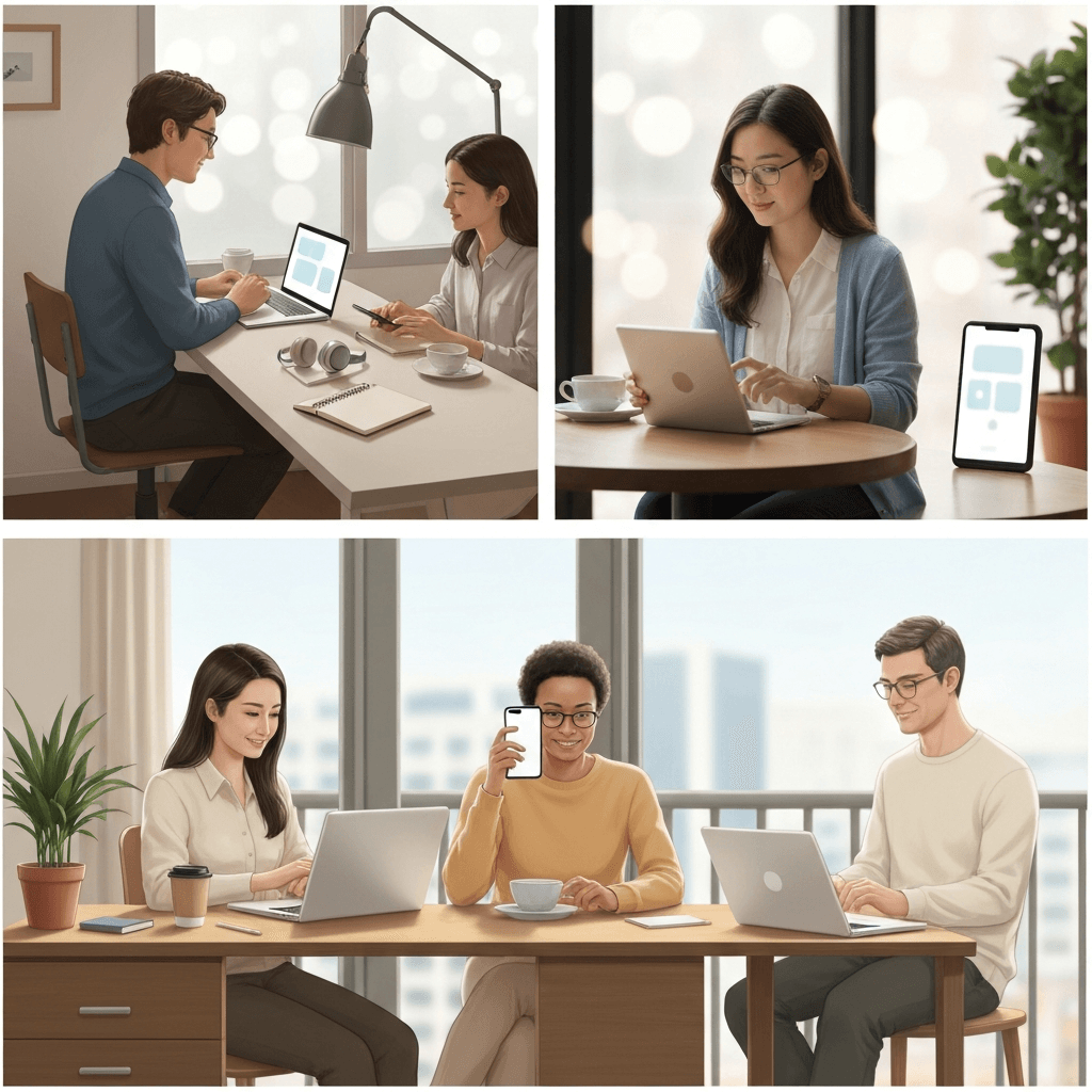 Diverse freelancers using mobile devices and laptops in cafes and home offices, highlighting remote work and the role of the best freelance apps in flexible workflows.