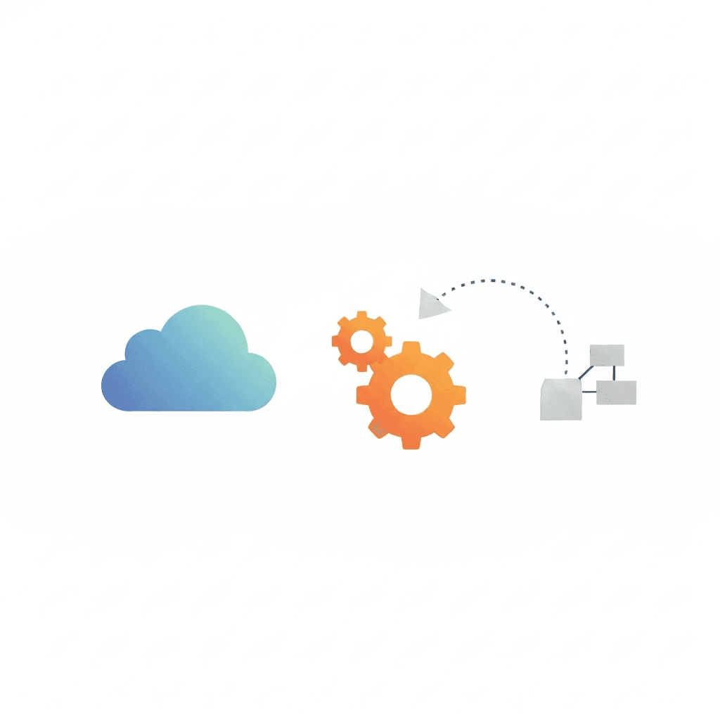Automation visual showing a cloud, gears, and workflow boxes