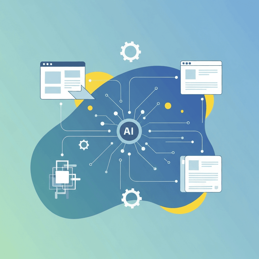 Simple vector illustration showing a central AI node connected to a web page, schema blocks, and a content card with subtle gears and circuit traces. Blue teal gradient with yellow accents.