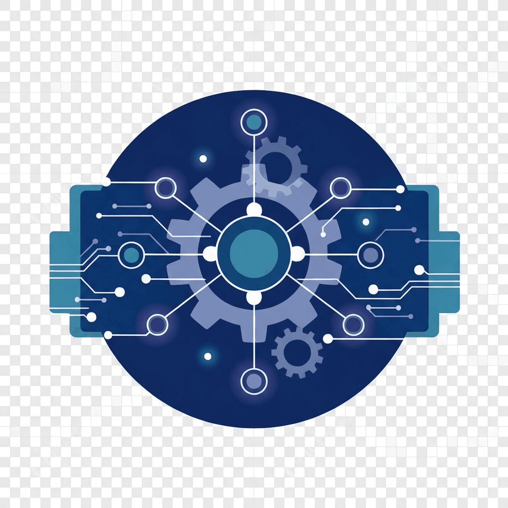 Abstract illustration showing a central hub node connected to surrounding neural nodes and layered gears, evoking AI, optimization, and digital connection