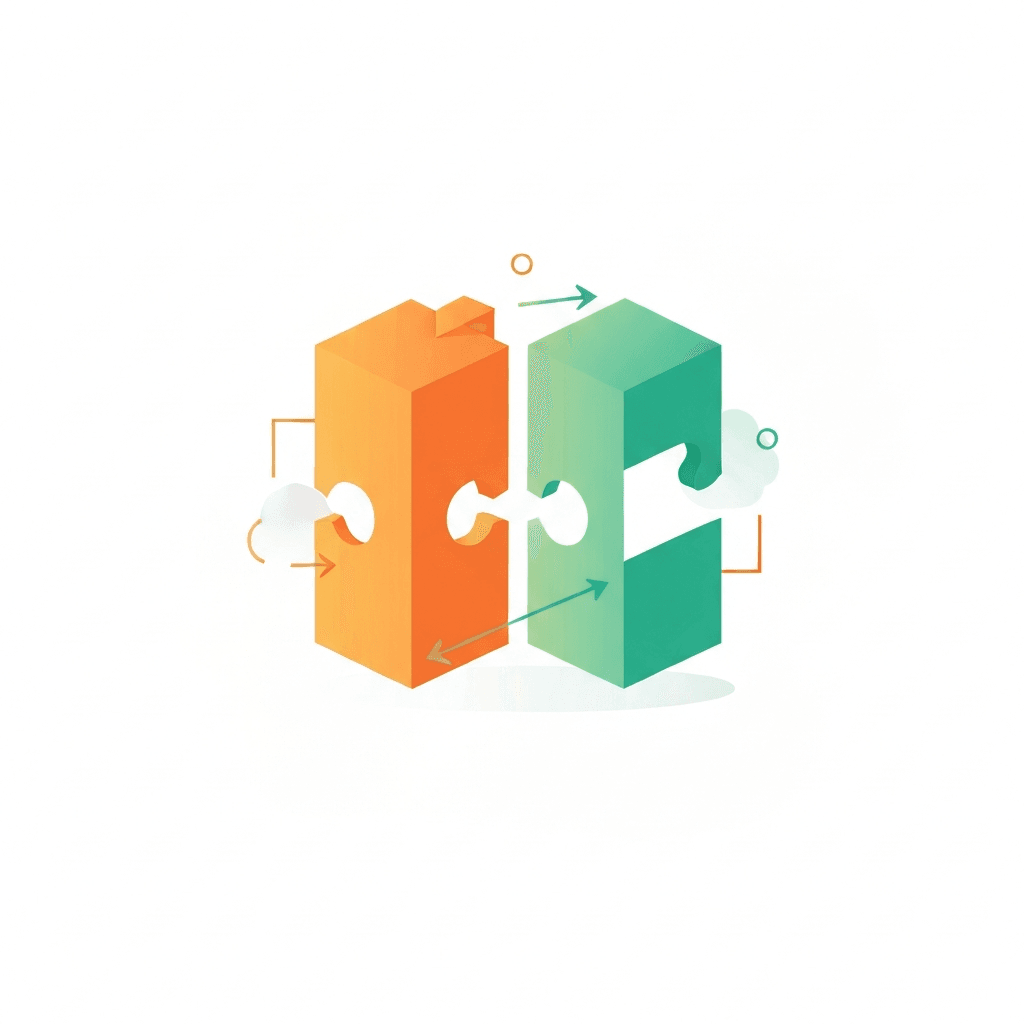 Illustration of two abstract companies merging like puzzle pieces, using warm orange and teal shapes with connecting lines to suggest integration and flow.