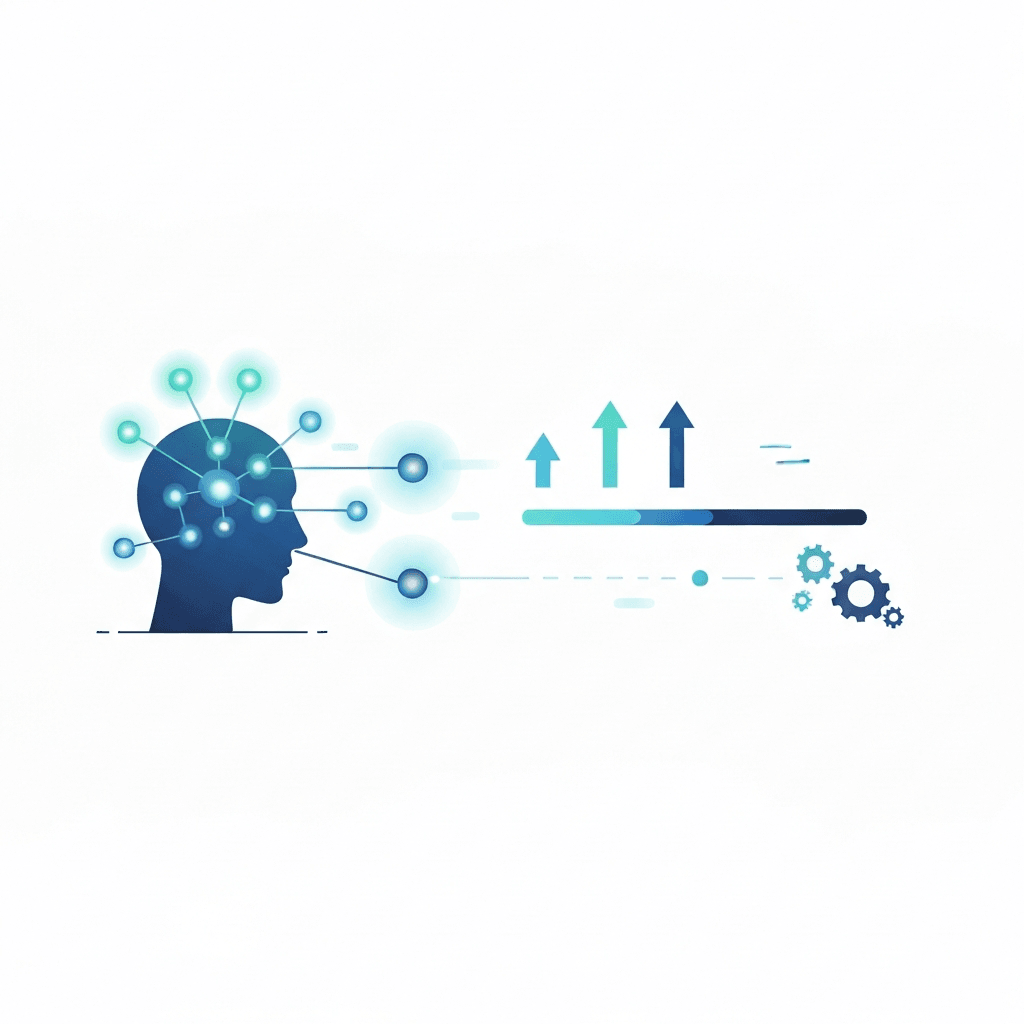 Illustration of an abstract AI agent with glowing node connections on the left and symbols of progress on the right such as upward arrows, a subtle progress bar, and small gears. Colors: cool blues and teal with soft gradients. Clean white background. No text.