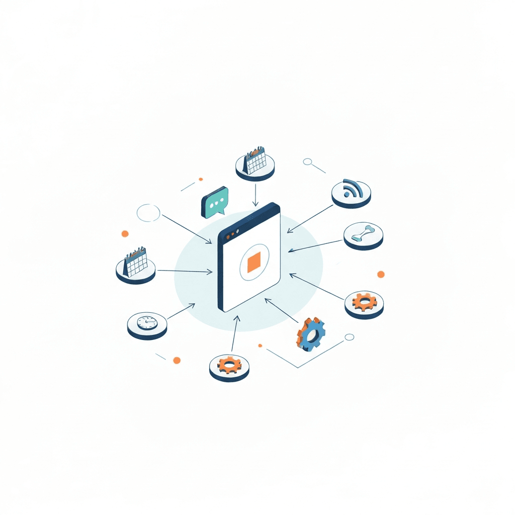 Illustration of a central device connected to nodes representing posts calendar automation and RSS feeds in a clean modern flat style