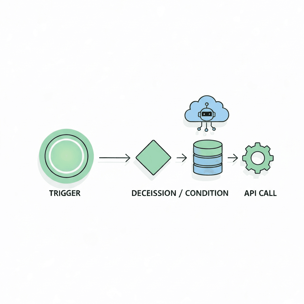 Conceptual automation flow showing a trigger node branching through a decision node into parallel actions including email, database, and API, with a cloud AI icon above
