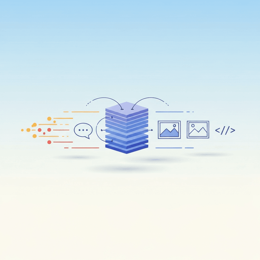 Simple vector illustration showing tokens flowing into an abstract transformer module with output icons for text, image, audio and code.